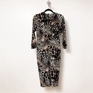 Single Surplice Leopard Print Fall Chic Long Sleeve Bodycon Midi Dress Medium‎